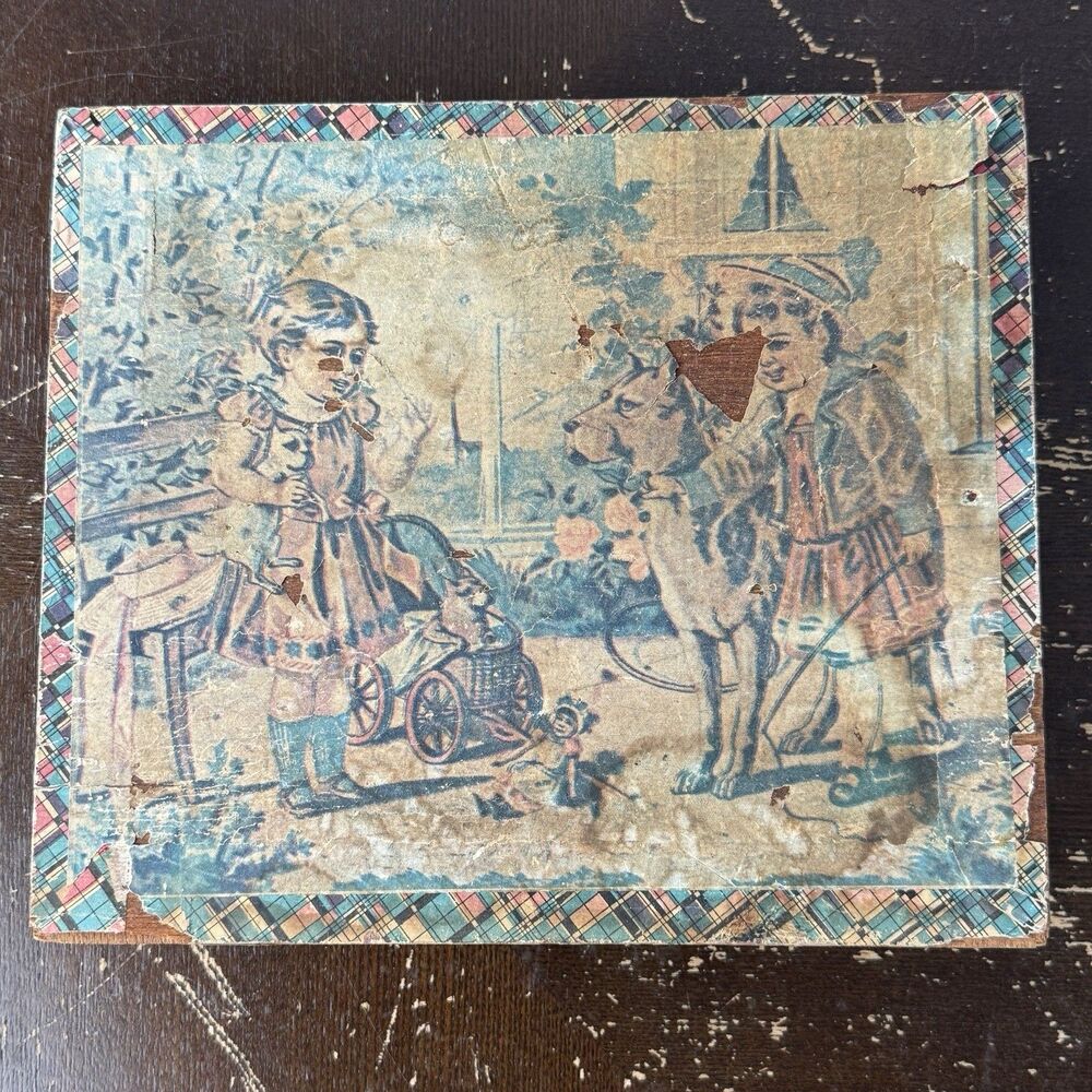Antique Victorian 6 Sided Wooden Block Puzzle w Pictures & Box Missing 1 Block